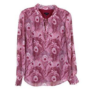 Talbots Womens M Petite Blouse Peacock Pink Peasant Office Romantic Feathers